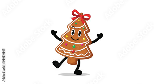 Cheerful gingerbread man in the shape of a Christmas tree with a red bow and colorful candy decorations dances happily.