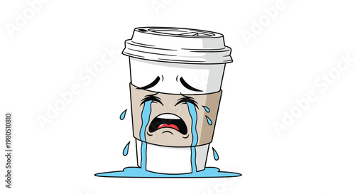 Sad take-out coffee cup character with a cardboard sleeve cries profusely with large blue tears on a plain white background.