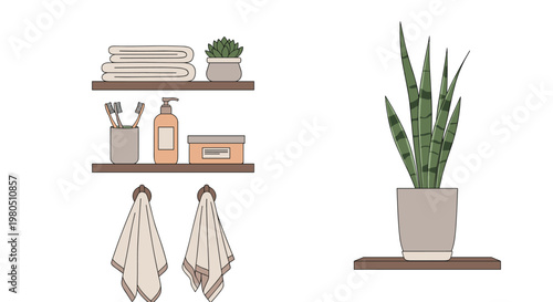 Bathroom interior illustration displays organized wooden shelves with towels, toiletries, toothbrushes, and potted green plants.