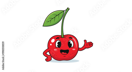 Friendly cartoon cherry character with a bright red body and green leaf smiles warmly while gesturing with its hand.