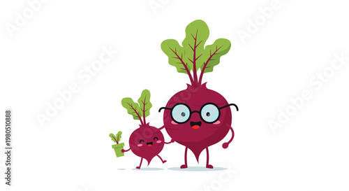 Two cute beetroot characters including a large one with glasses and a small one holding a plant pot represent a happy family.