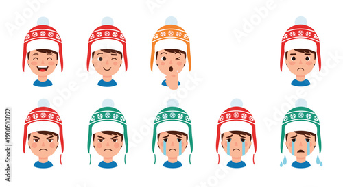 Grid of young boys wearing winter hats with snowflake patterns displays a wide range of emotions and facial expressions.