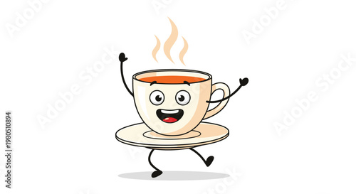 Happy cartoon tea cup on a saucer with a smiling face and steam rising dances with joy on a simple white background.
