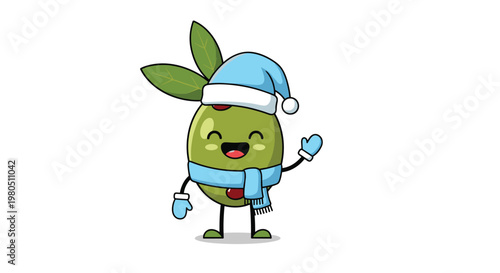 Cheerful cartoon olive character wearing a blue winter hat and matching scarf waves its hand with a friendly smile.