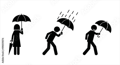 Stick figures showing umbrella usage in calm, rainy, and windy weather conditions