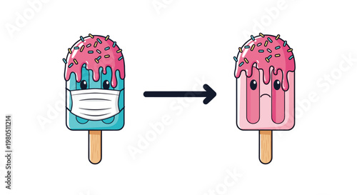 Sequence shows a blue popsicle character putting on a white face mask to transform into a pink one with a sad expression.
