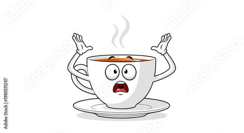 Surprised white tea cup character with a shocked face and steam rising throws its hands up in an expressive gesture.