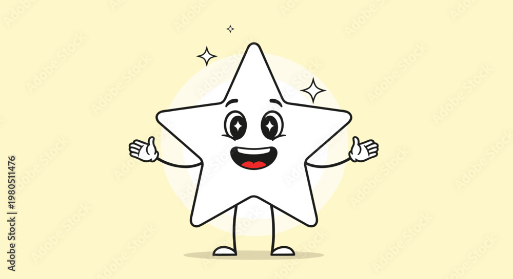 Fototapeta premium Happy white star character with sparkling eyes and wide open arms standing against a glowing yellow circular background.