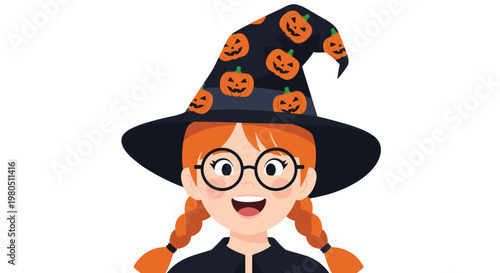 Young girl with bright red hair pigtails and glasses wearing a black witch hat decorated with orange jack-o-lanterns for halloween.