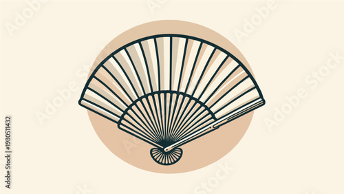 Elegant Minimalist Open Asian Folding Hand Fan with Bamboo Ribs in Neutral Beige Tones on Circle Background, Japanese Traditional Culture Flat Illustration