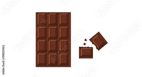 Dark brown delicious chocolate bar with two small pieces broken off and crumbs scattered on a clean white background.