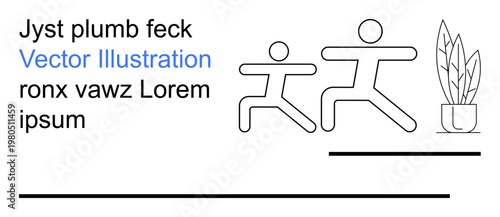 Fitness, teamwork, movement, minimalism, interior decor, abstract art. Two stick figures running beside a potted plant. Fitness and teamwork illustration for concepts of active lifestyles