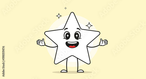 Happy white star character with sparkling eyes and wide open arms standing against a glowing yellow circular background.