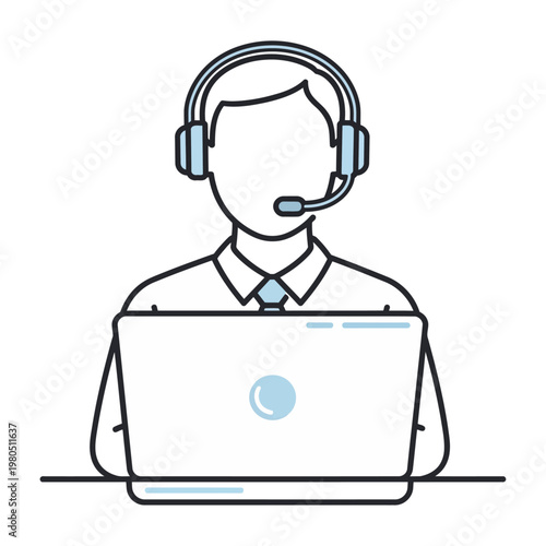Vector of a customer service representative wearing a headset and working on a laptop computer.