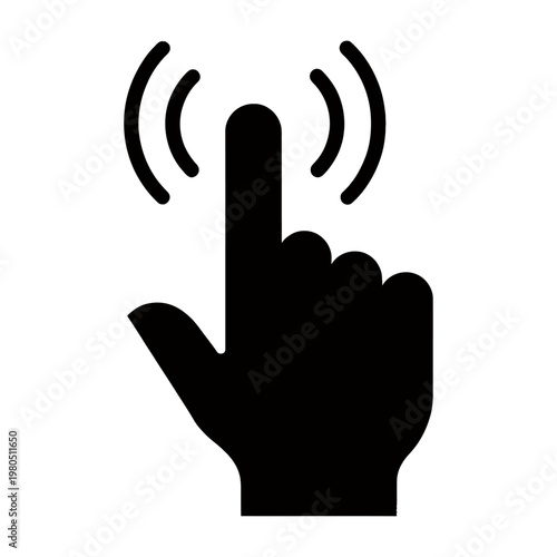 Vector graphic of a hand with a finger pointing upwards and sound waves emanating from it.