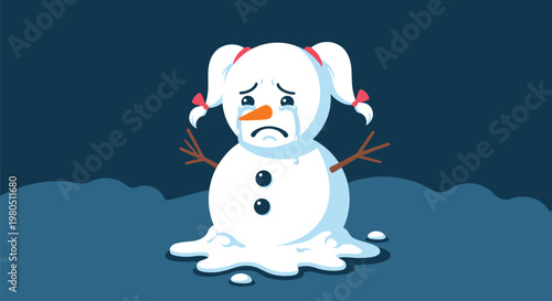 Sad snowman girl with pigtails and red bows crying as she melts on a dark blue winter night landscape with snow.