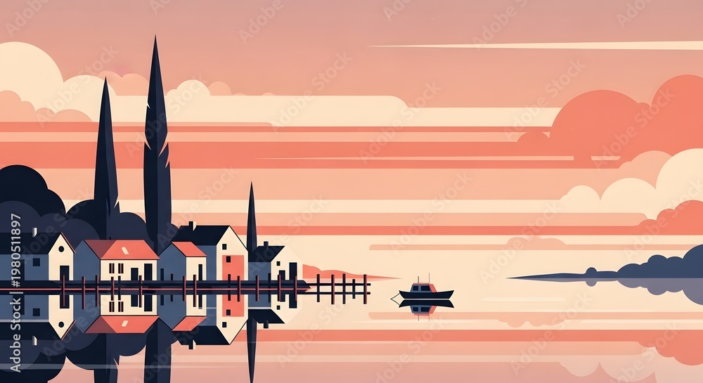 Naklejka premium Modern waterfront houses at sunrise. Luxury living and vacation rental concept. Minimalist buildings reflecting on still water surface
