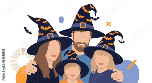 Abstract portrait of a family including father mother and two daughters wearing matching witch hats for halloween.