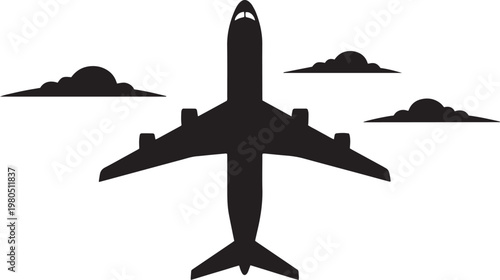 Airplane silhouette, black plane icon, flying aircraft, travel symbol, aviation logo
