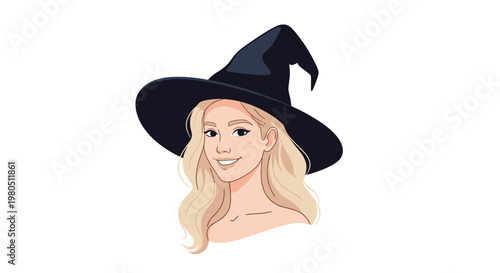 Portrait of a beautiful blonde woman with long wavy hair wearing a black pointed witch hat for a halloween party.