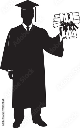 Silhouette of a graduate in a cap and gown holding a wad of cash with one person graduate academic