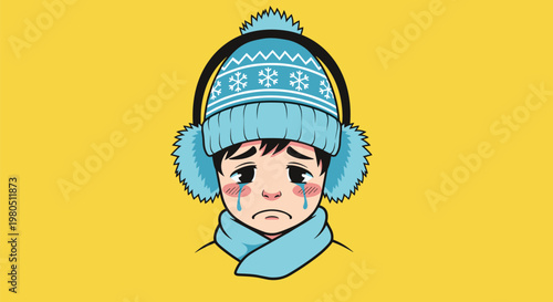 Portrait of a young boy wearing a blue winter hat earmuffs and scarf crying with tears on a bright yellow background.