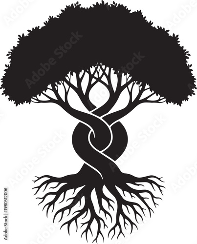 Black tree silhouette, twisted roots, yin yang symbol, nature icon, environmental emblem