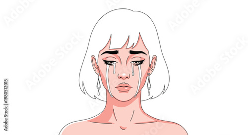 Emotional illustration of a young woman with white hair crying with visible tears streaming down her cheeks on a white background.