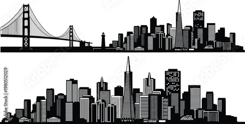 San Francisco skyline silhouettes vector set. Cityscape with Golden Gate Bridge and skyscrapers. Urban architecture illustration for travel, tourism, and city design projects.