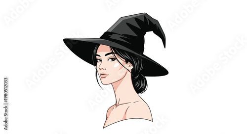 Elegant profile illustration of a young woman with dark hair wearing a large black witch hat against a clean white background.