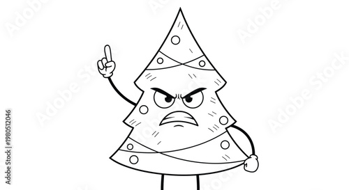 Angry Christmas tree cartoon character in black and white line art pointing its finger up with a frustrated expression on white.