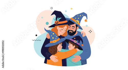 Happy family of four wearing wizard and witch hats hugging each other in a warm embrace for a spooky halloween celebration.