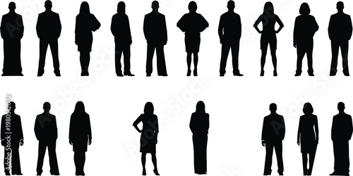 Corporate people silhouettes vector set. Business men and women in formal poses. Professional human figures collection for office, leadership, and company design projects.
