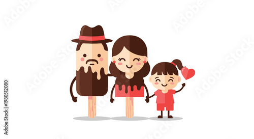 Cute flat illustration of an ice cream family featuring father mother and daughter characters as chocolate dipped popsicles.