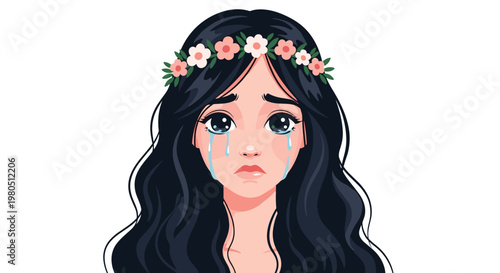 Beautiful illustration of a young woman with long dark hair wearing a pink flower crown and crying with tears in her eyes.