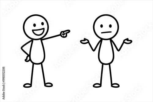Two cartoon people, one pointing and laughing, the other confused and shrugging shoulders