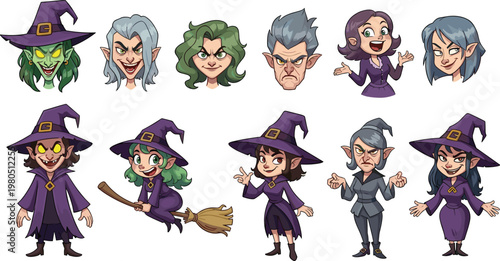 Set of Witch Vector Illustrations with Various Facial Expressions, Poses, and Costumes for Halloween, Fantasy, and Magical Character Designs