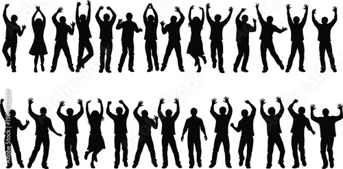 Dancing people silhouettes vector set. Happy crowd jumping and celebrating poses. Party human figures collection for festival, music, and entertainment design projects.