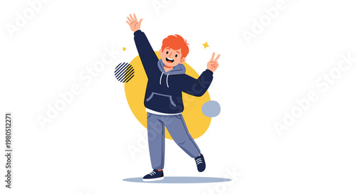 Happy young boy with orange hair wearing a navy blue hoodie and grey pants dancing against a vibrant yellow circle background.