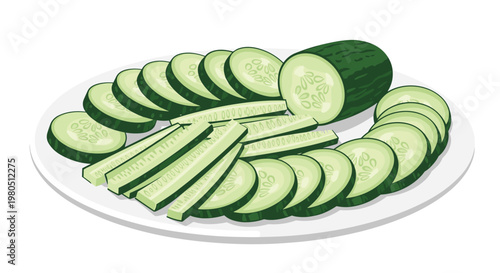 Fresh green cucumber slices and a whole cucumber piece arranged on a clean white plate for a healthy salad or snack.