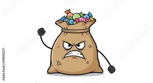 Angry cartoon sack character filled with colorful candies and sweets with its arms raised in frustration on a white background.