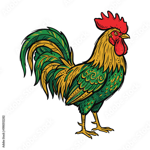 domestic animal rooster standing alone in a farm yard environment