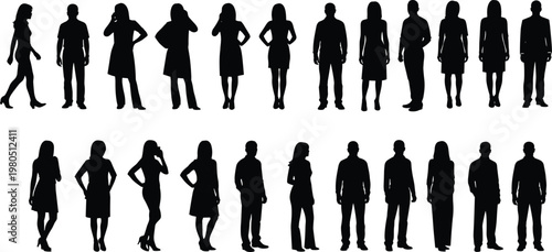 Business people silhouettes vector set. Professional men and women standing poses. Corporate human figures collection for office, teamwork, and presentation design projects.