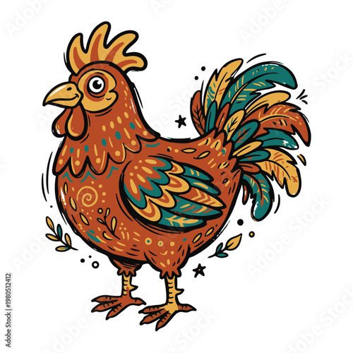 A colorful illustration of a domestic animal, a rooster, standing alone.