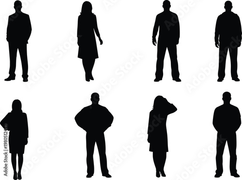 Business people silhouettes vector set. Men and women in formal standing poses. Professional human figures collection for corporate, office, and leadership design projects.