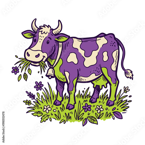 A domestic animal cow eats grass in a field with flowers.