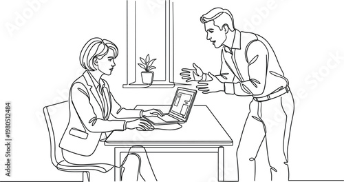 Workplace conflict discussion line art illustration with manager and employee, office disagreement scenario, professional communication issue and corporate problem solving concept