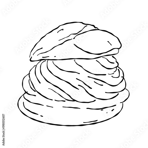 Classic French Cream Puff Choux Pastry With Soft Whipped Cream Filling Elegant Bakery Dessert Vintage Patisserie Line Art Illustration