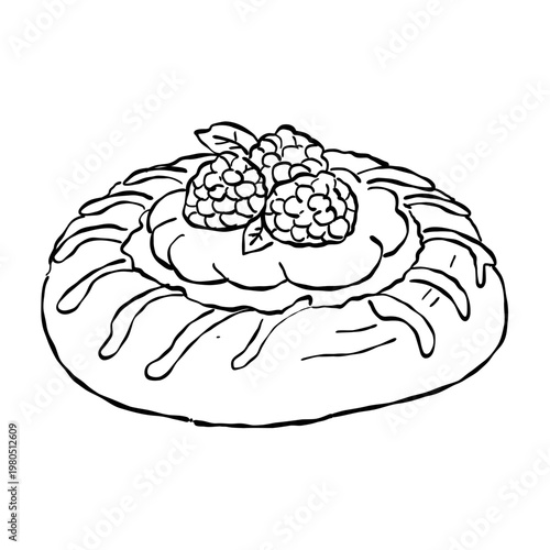 Raspberry Cream Danish Pastry With Sweet Berry Filling Classic European Bakery Breakfast Dessert Vintage Line Art Illustration