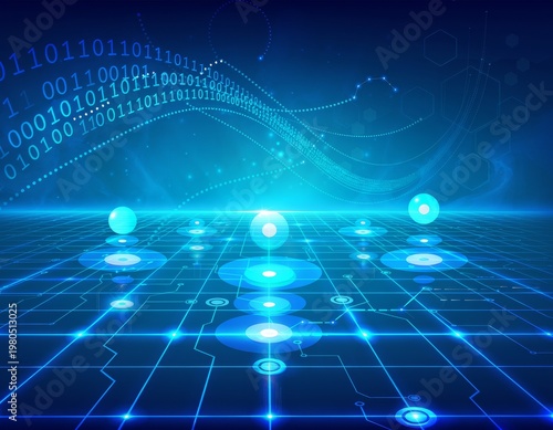 Futuristic Digital Data Network With Blue Circuit Grid, Binary Code and Abstract Cyber Technology